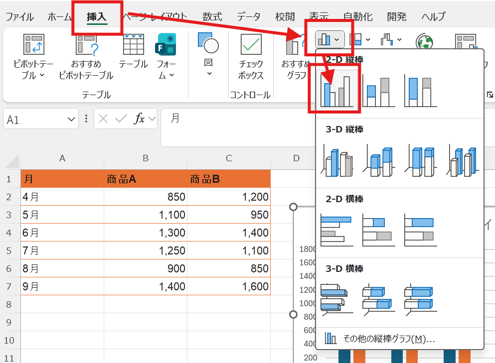  集合縦棒グラフを挿入する 